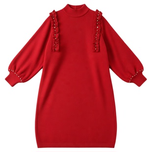 女童针织连衣裙2025秋冬新款韩版森系亲子新年礼服钉珠红色毛衣裙