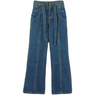 朴彩英rose同款高腰微喇牛仔裤女2022春新款阔腿喇叭系带直筒长裤