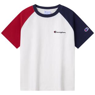 [抗菌]Champion冠军26夏季男女童装纯棉复古拼接插肩袖短袖T恤