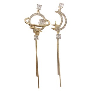 s925银针不对称星球月亮流苏耳环2025年新款气质长款耳钉轻奢耳饰