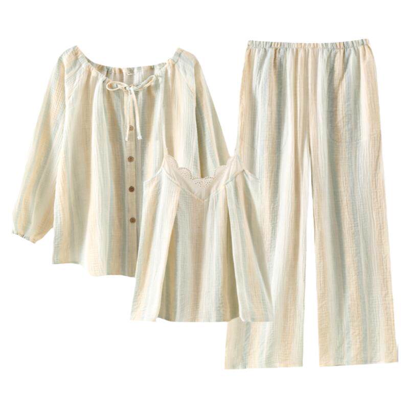 花边三件套睡衣女春秋夏季纯棉纱布薄款长袖吊带长裤家居服套装