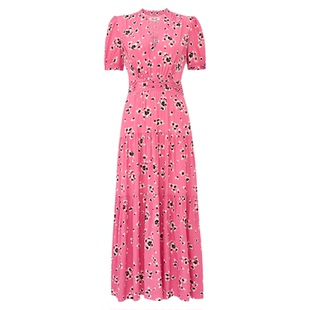 DVF2026春夏新款V领粉色海岛花束图案泡泡袖绉纱连衣裙DS1U027