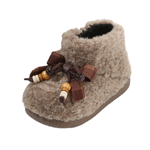 麦布熊羊羔毛女童靴子秋冬儿童短靴加绒公主宝宝雪地靴小童鞋棉鞋