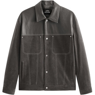 太平鸟男装 仿麂皮拼接行政夹克秋季新款PU皮明线外套翻领茄克潮