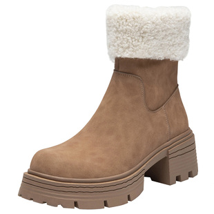 大东女鞋时装靴2025年冬季新款毛毛圆头侧拉链短毛绒高跟女短靴