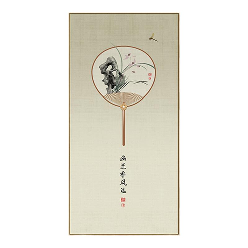 新中式入户玄关装饰画正对门墙面挂画竖版单幅禅意莲花团扇图壁画