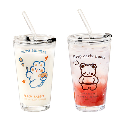 吸管水杯带盖夏季饮料牛奶玻璃杯
