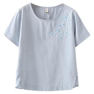 大码刺绣短袖t恤女2025夏季新款高档中年妈妈装宽松圆领棉麻上衣