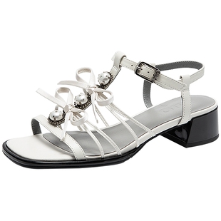 MIO米奥夏季低跟凉鞋女法式蝴蝶结方头一字带罗马鞋珍珠空凉