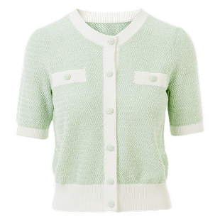 LIME莱茵针织开衫水绿色春夏新款圆领小香风收腰百搭短袖T恤