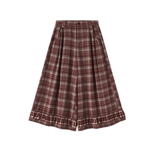 飞鸟和新酒2025冬季新款格纹荷叶边高腰加厚绒感裙裤