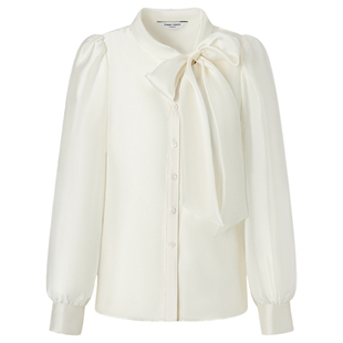 【商场同款】糖力2025冬新款长袖蝴蝶结飘带珠光欧根纱衬衫上衣女