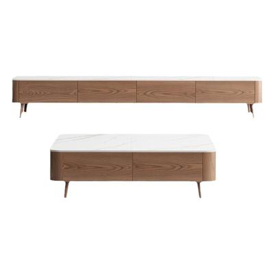 实木中古奶油风胡桃色岩板茶几电视柜组合客厅2025新款小户型家用