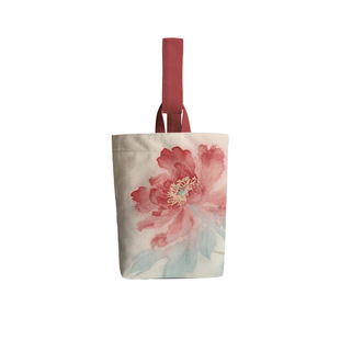 国潮中国风水墨牡丹手提水桶帆布袋文创小众手拎袋上班杂物小拎包