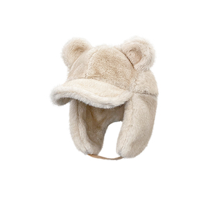 可爱小熊耳朵毛绒飞行帽女冬保暖护耳雷锋帽加厚防寒骑车包头帽子