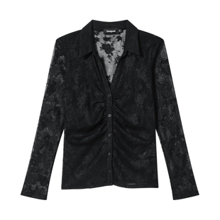 Desigual 弹力网眼提花修身翻领女士衬衫长袖黑色薄