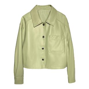 秋季进口绵羊皮真皮白色皮衣女小个子翻领外套休闲简约翻领皮夹克