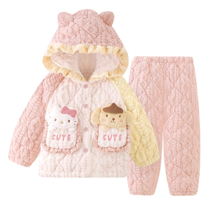 女童睡衣冬季儿童三层夹棉加绒加厚珊瑚绒女孩家居服2025新款冬款