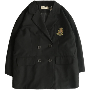 上野 原创秋冬款西装外套男 徽章学院风黑色西服DK男女宽松外套