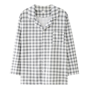 单件上衣纯棉睡衣男春秋长袖薄款开衫格子宽松休闲T恤夏天家居服