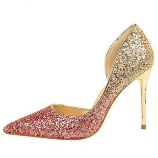 bigtree 银色高跟鞋女春季20122新款亮片婚鞋百搭少女细跟尖头单