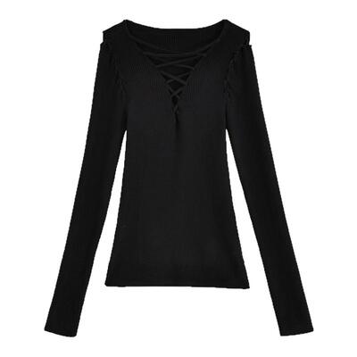 纯欲风深V领绑带长袖针织衫毛衣