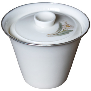 雅韵阁 复古手工包银口薄胎青花白瓷盖碗功夫禅意一人饮茶泡茶碗