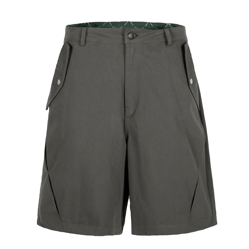 OD/CASTLE 2025夏开褶打枣刺绣LOGO拼接墨绿翻腰休闲斜纹棉布短裤