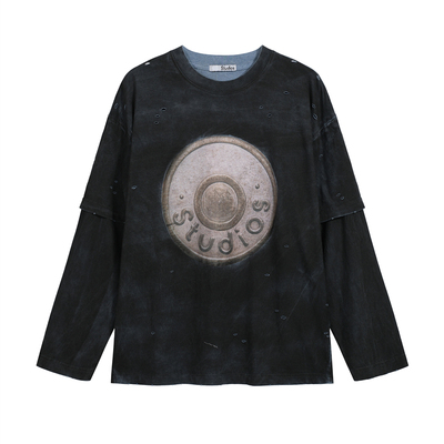 AC风做旧破洞高街假两件长袖T恤