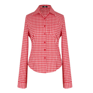 SEEKSIMPLE 高饱和色|修身显瘦|复古红白格纹正肩衬衫上衣