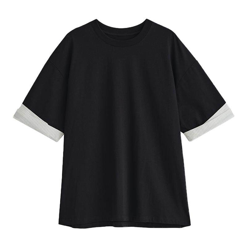 OUTCiRCS条纹拼接袖口T恤2025新款夏季男纯棉弹力百搭休闲假两件