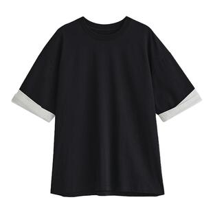 OUTCiRCS条纹拼接袖口T恤夏季男女纯棉弹力百搭休闲假两件短袖