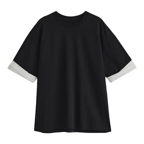 OUTCiRCS条纹拼接袖口T恤秋季男女纯棉弹力百搭休闲假两件短袖
