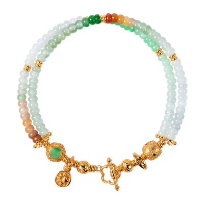 天然缅料翡翠双圈三彩算盘珠手链