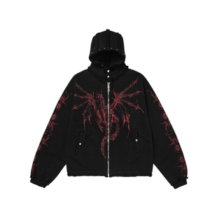 Thug Club重磅龙骨印花铆钉做旧连帽卫衣高街风休闲开衫潮牌外套