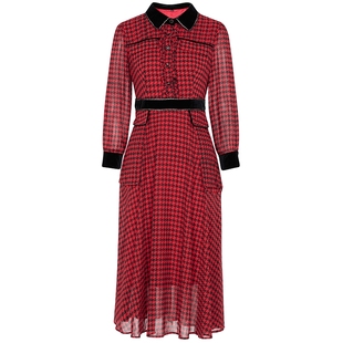 马天奴秋冬女黑红撞色格子翻领长袖收腰连衣裙子复古法式气质时尚