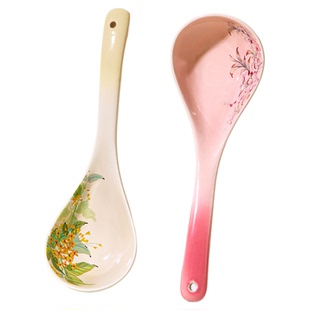 原创十二花神陶瓷大汤勺子盛汤家用大号高颜值喝粥稀饭长柄勺汤匙