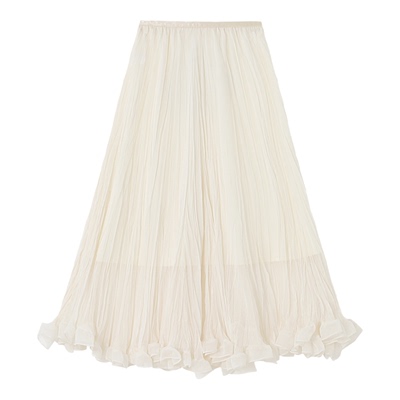 百家好杏色网纱半身裙女春季新款荷叶边a字裙中长款法式蛋糕纱裙