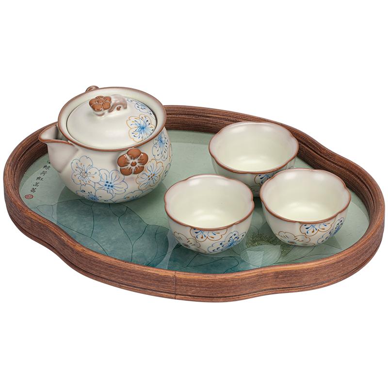 汝窑手抓壶玻璃茶盘高端功夫茶具套装旅行包防烫大号茶碗泡茶茶杯