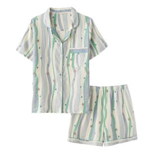 蓝条纹多巴胺睡衣女款夏季纯棉双层纱布轻薄款短袖短裤家居服套装