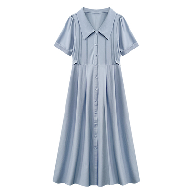 大码法式衬衫连衣裙女夏季胖mm显瘦气质收腰娃娃领时尚茶歇长裙子