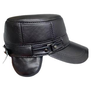 秋冬防寒真皮帽子男士护耳牛皮平顶帽中老年保暖加棉爸爸款