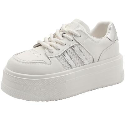 百丽透气网面厚底小白鞋