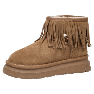 BeauToday厚底雪地靴女款冬季保暖加绒棉鞋BT复古短筒靴女靴子