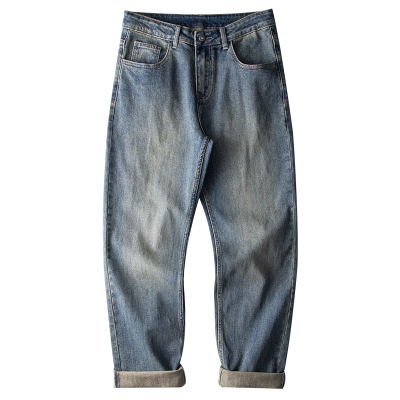 JFU 美式高街复古水洗牛仔裤男生秋冬宽松直筒阔腿长裤子男款