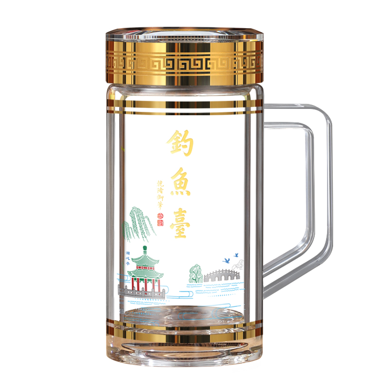 格亚格亚湖心亭双层玻璃杯隔热把手水杯茶杯送礼国风男办公杯