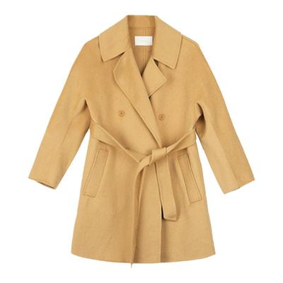readme羊毛双排扣中长款简约大衣