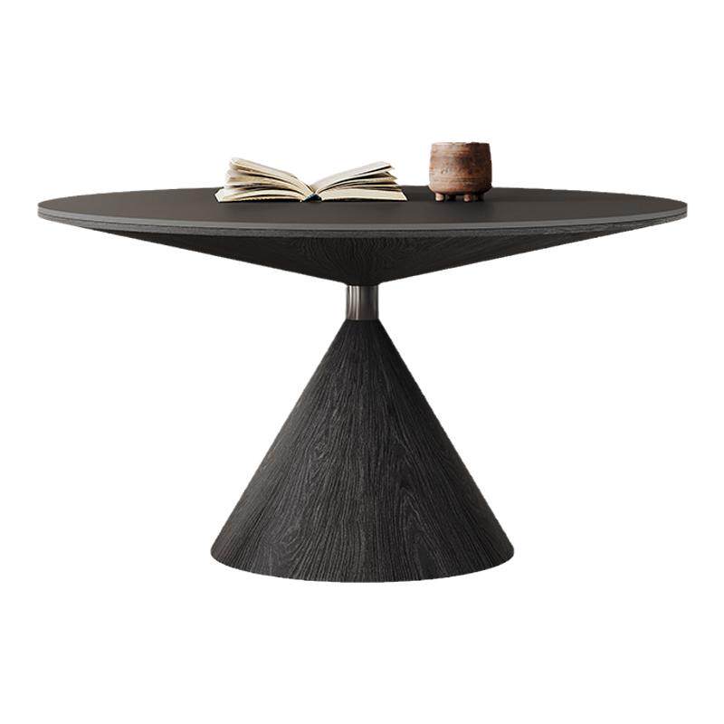 实木圆形餐桌纯黑带转盘小户型现代简约高端飞碟极简纯白岩板餐桌