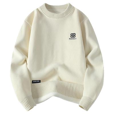 重磅刺绣卫衣男款冬天圆领针织打底衫潮牌秋冬加绒加厚保暖上衣服