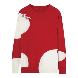 H·GENTEEL荷高25年新款春装女波点图案软糯羊毛红色毛针织衫女